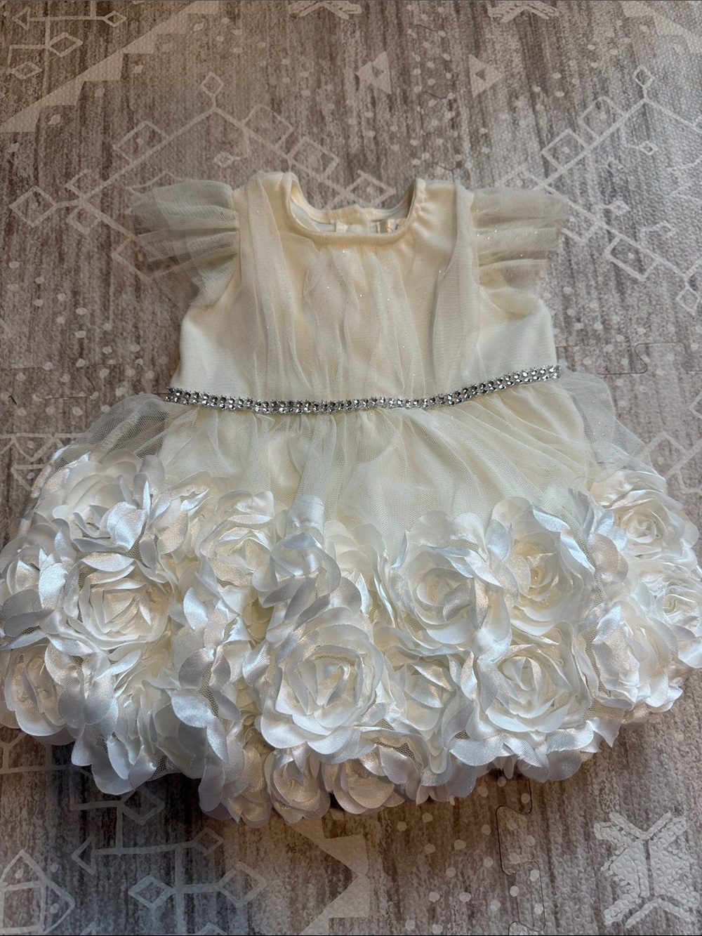 Nannette Ivory Floral Appliqué Tulle Dress with Rhinestone Waist